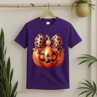 Cute Halloween Pumpkin Leopard Bow T-Shirt thumb 2