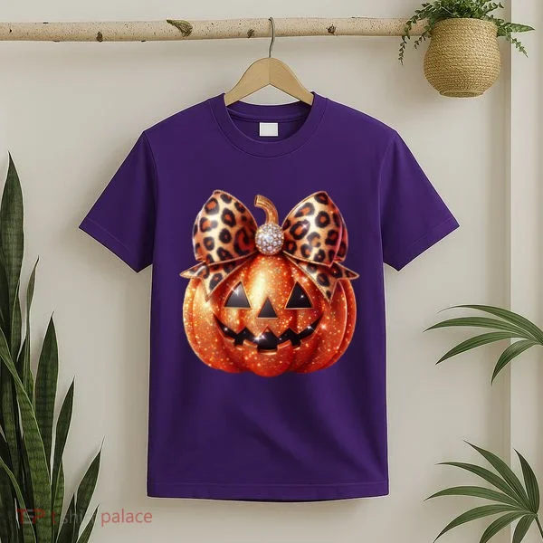 Cute Halloween Pumpkin Leopard Bow T-Shirt