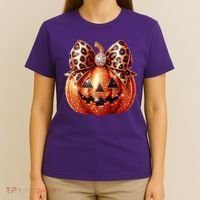 Cute Halloween Pumpkin Leopard Bow T-Shirt thumb 4