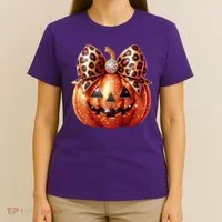 Cute Halloween Pumpkin Leopard Bow T-Shirt thumb 4