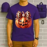 Cute Halloween Pumpkin Leopard Bow T-Shirt thumb 6