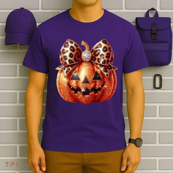 Cute Halloween Pumpkin Leopard Bow T-Shirt
