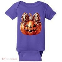 Cute Halloween Pumpkin Leopard Bow Baby Bodysuit thumb 0