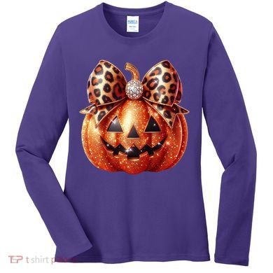 Cute Halloween Pumpkin Leopard Bow Women's Long Sleeve Shirt
