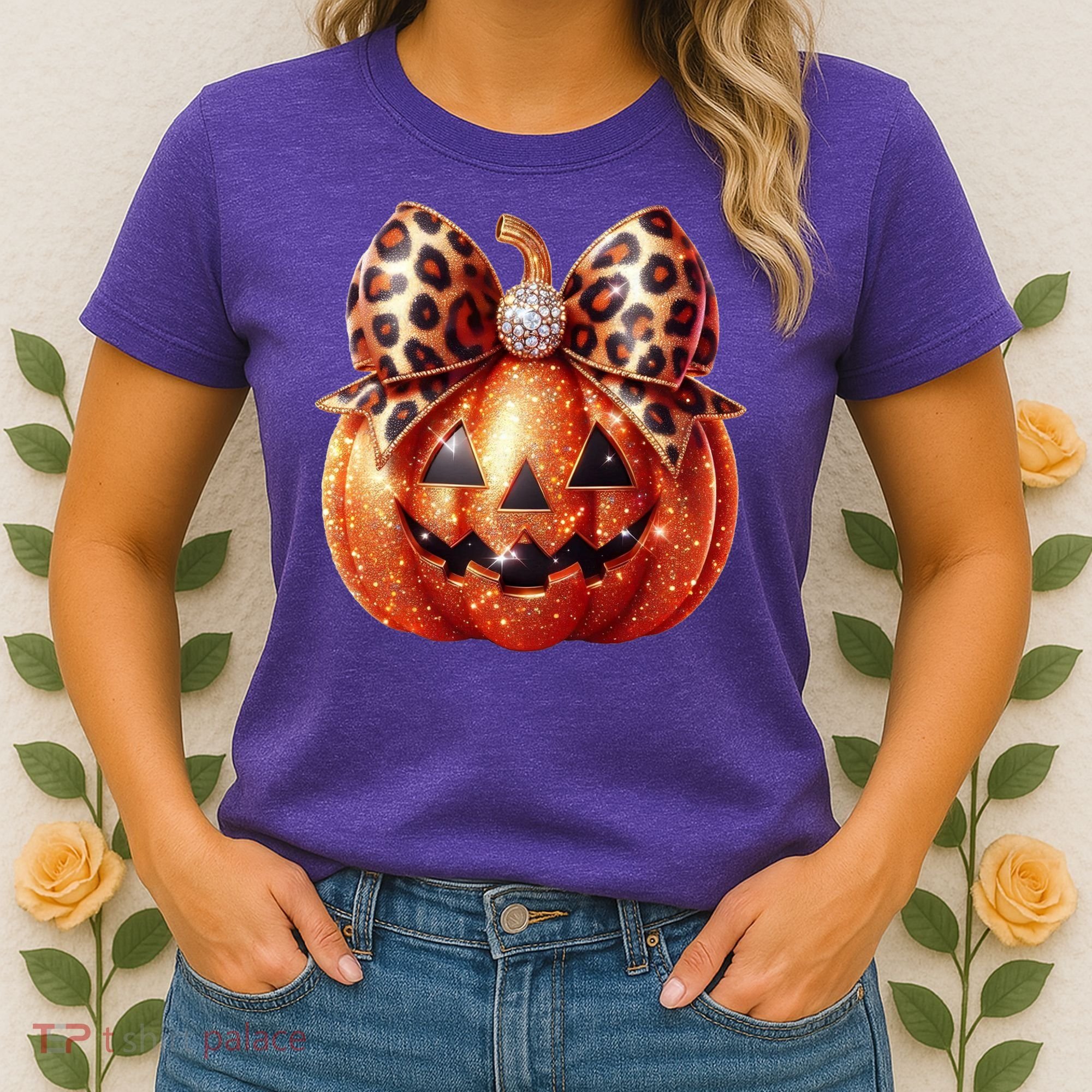 Cute Halloween Pumpkin Leopard Bow Women's T-Shirt