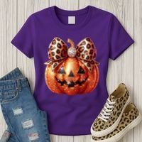 Cute Halloween Pumpkin Leopard Bow Women's T-Shirt thumb 3