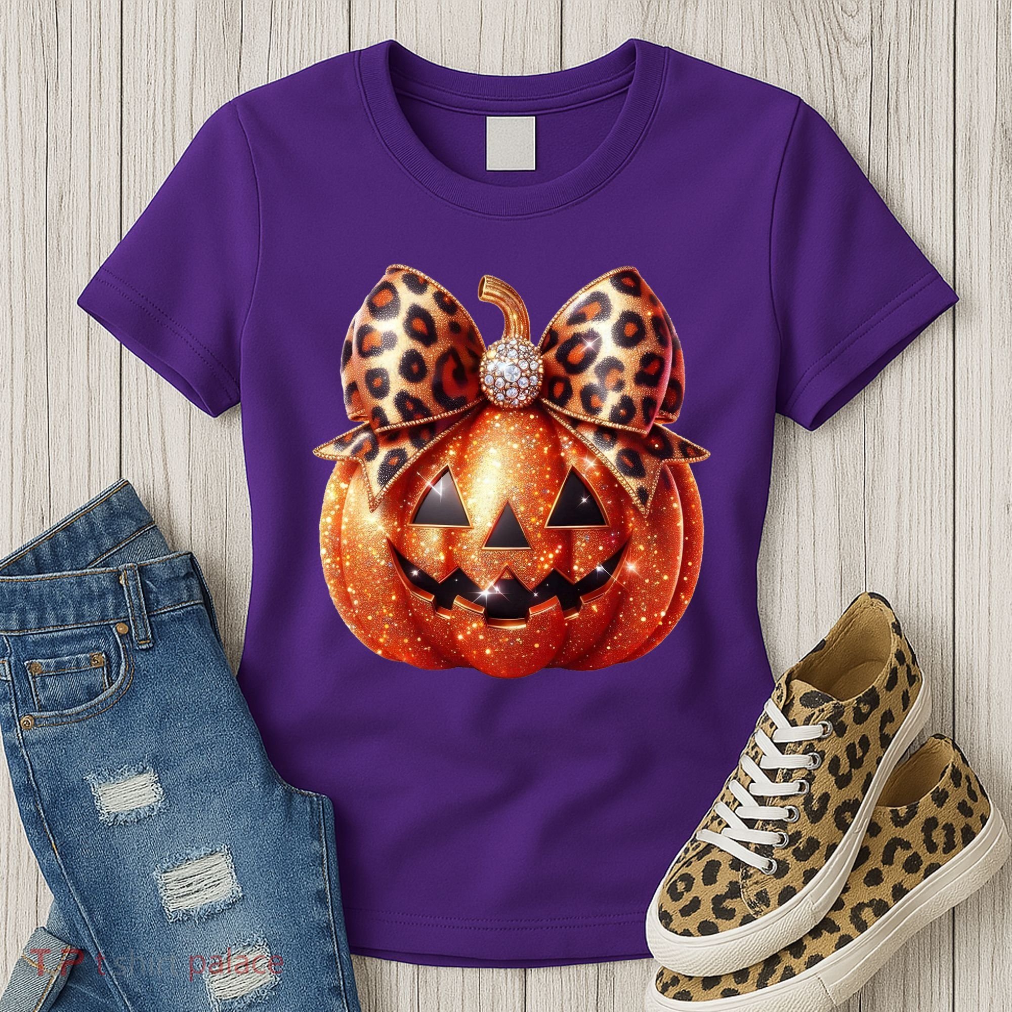 Cute Halloween Pumpkin Leopard Bow Women's T-Shirt
