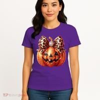 Cute Halloween Pumpkin Leopard Bow Women's T-Shirt thumb 4
