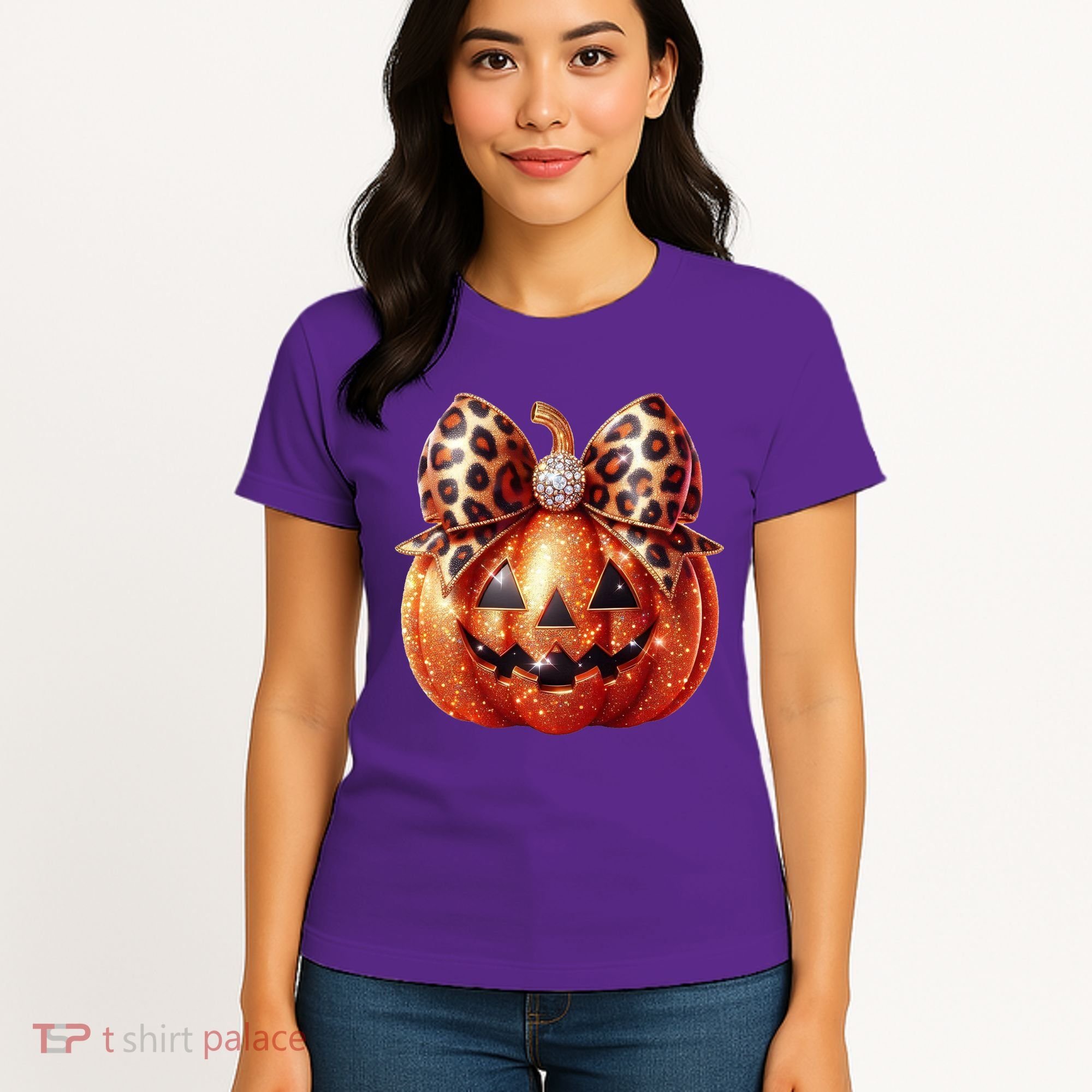 Cute Halloween Pumpkin Leopard Bow Women's T-Shirt