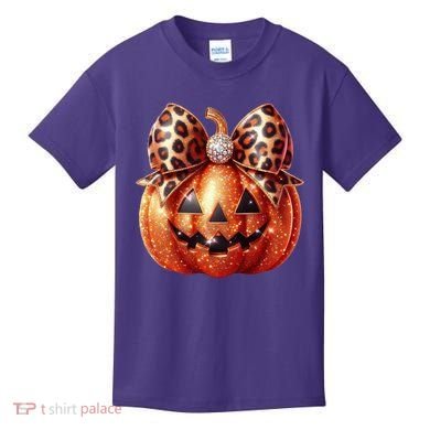 Cute Halloween Pumpkin Leopard Bow Kids T-Shirt