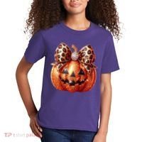 Cute Halloween Pumpkin Leopard Bow Kids T-Shirt thumb 2