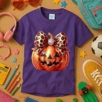 Cute Halloween Pumpkin Leopard Bow Kids T-Shirt thumb 3