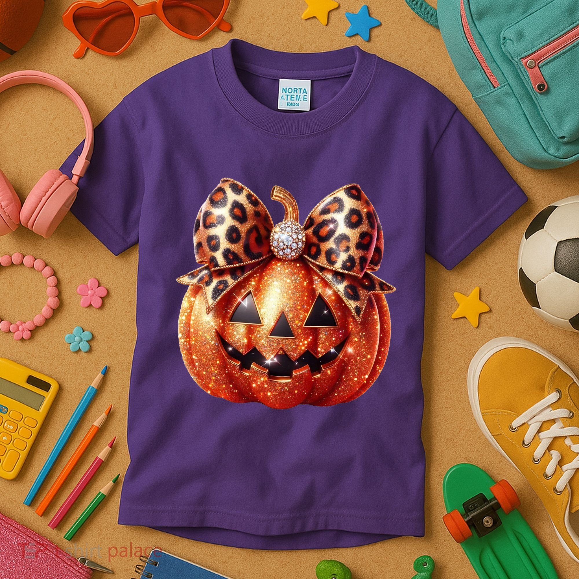 Cute Halloween Pumpkin Leopard Bow Kids T-Shirt