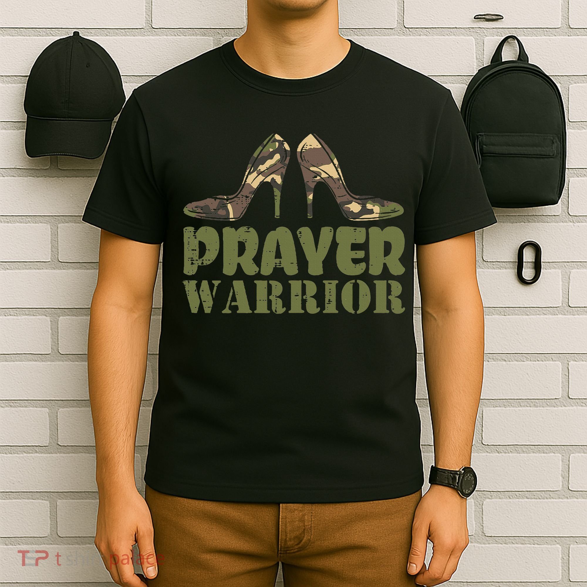 Camo Heels Prayer Warrior Faith God Jesus Christian T-Shirt