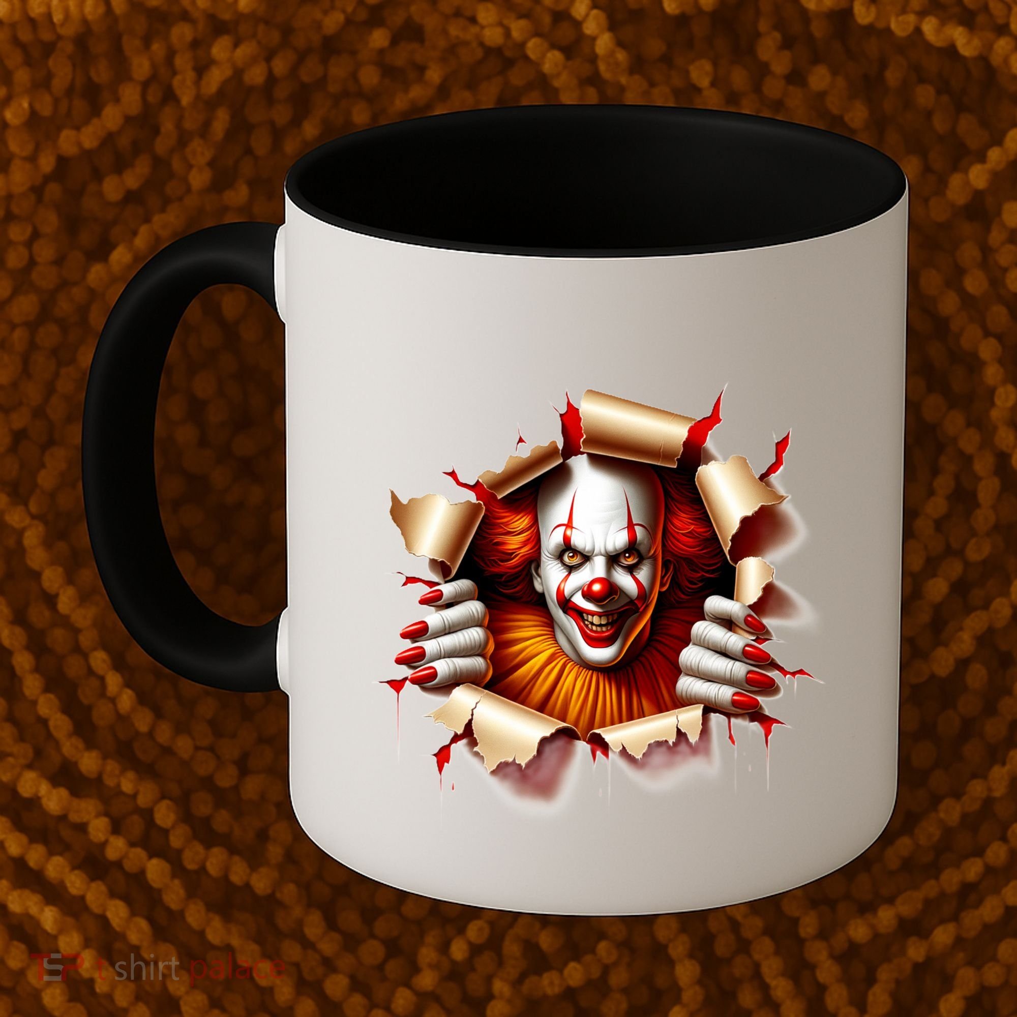 Creepy Halloween Peeking Through Clown Coffee Mug