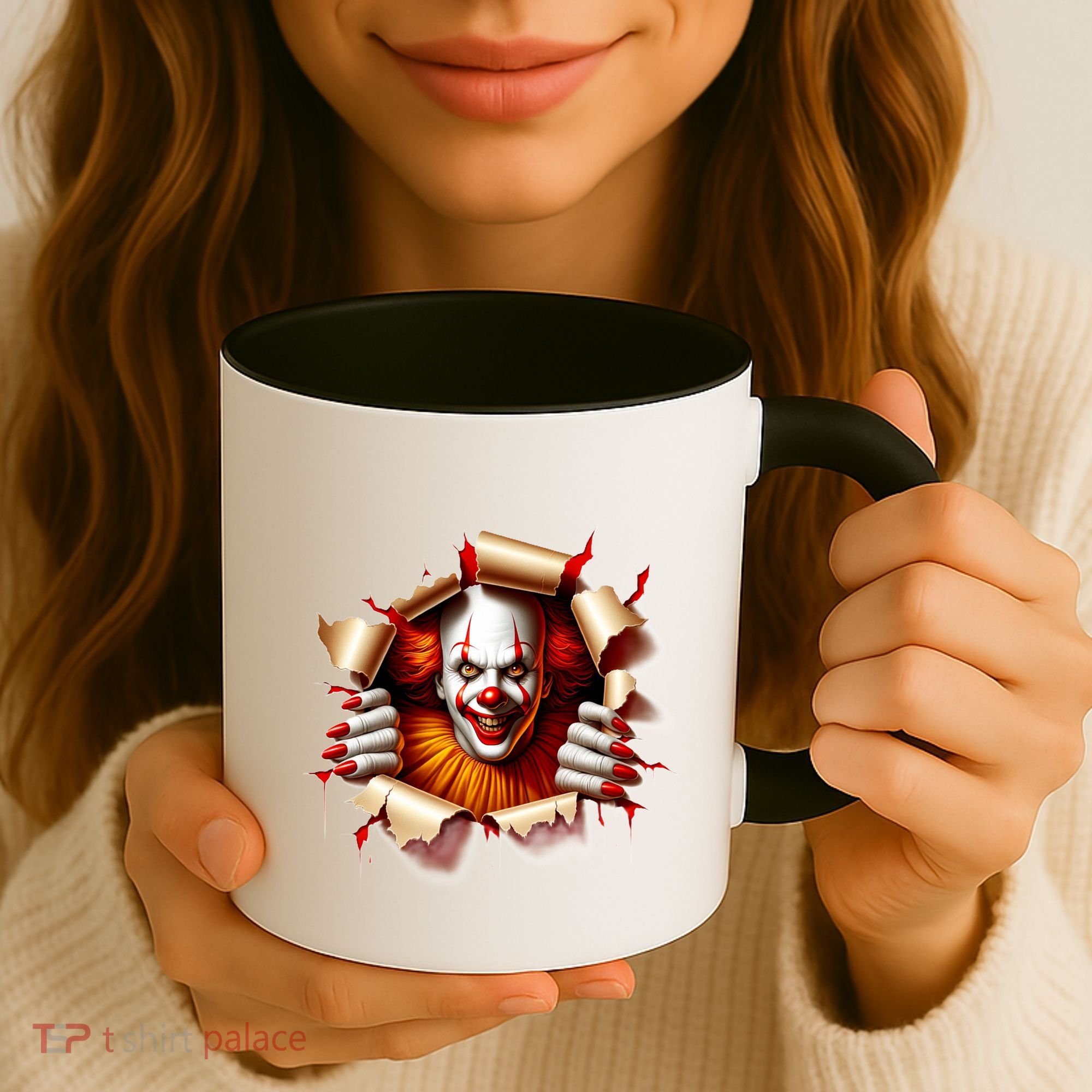 Creepy Halloween Peeking Through Clown Coffee Mug