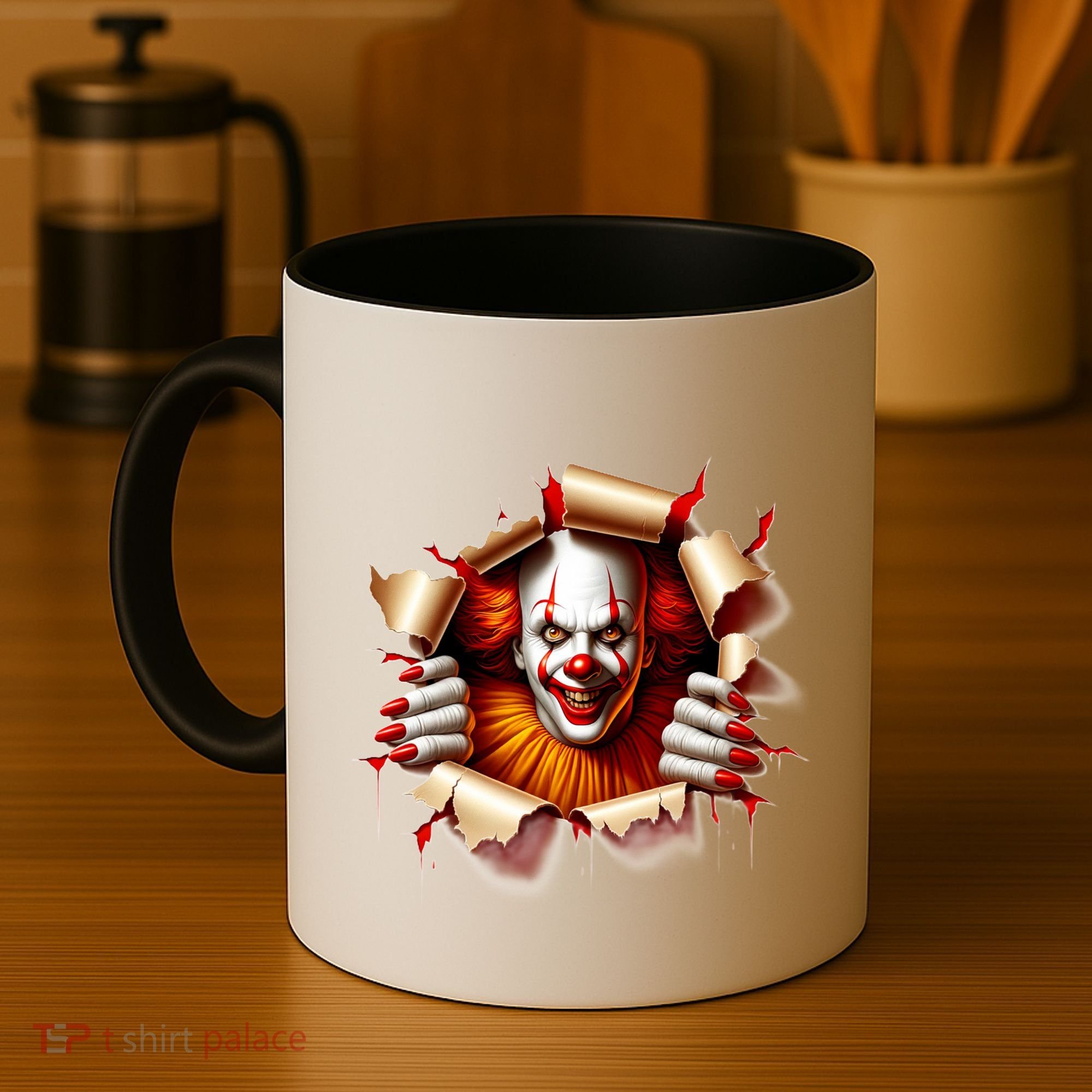 Creepy Halloween Peeking Through Clown Coffee Mug