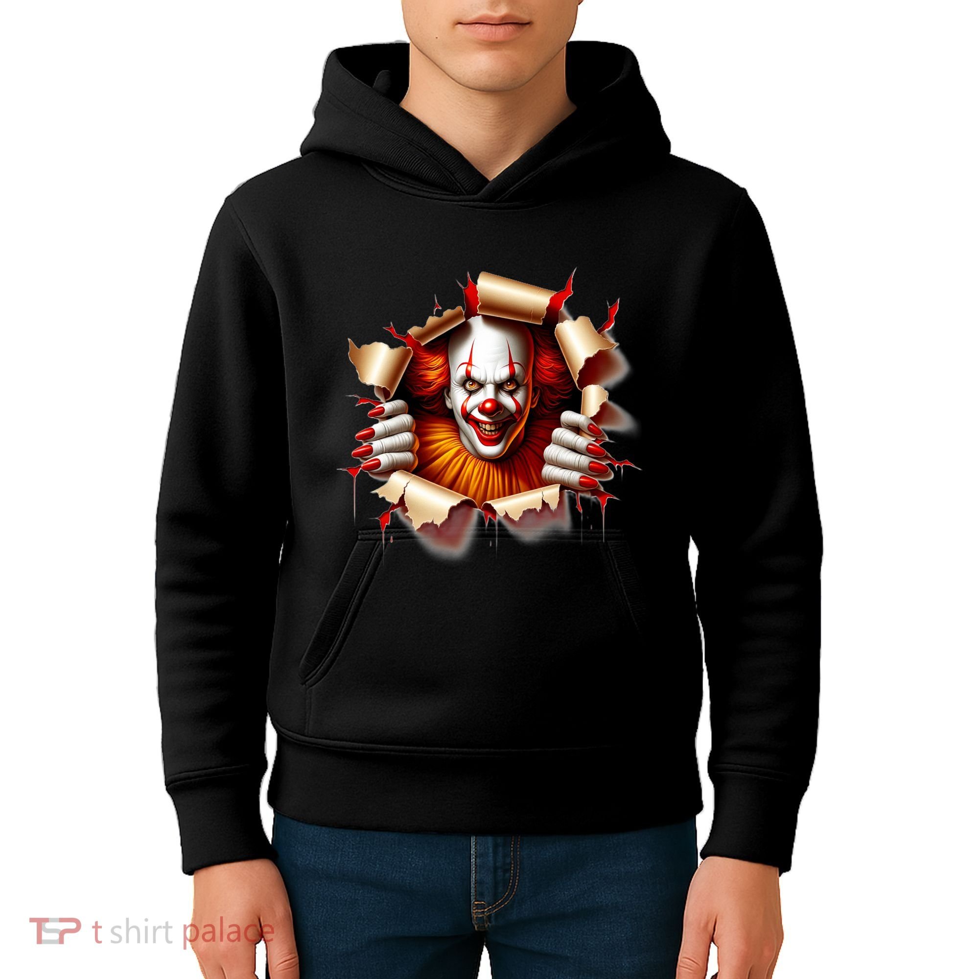 Creepy Halloween Peeking Through Clown Kids Hoodie