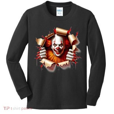 Creepy Halloween Peeking Through Clown Kids Long Sleeve Shirt