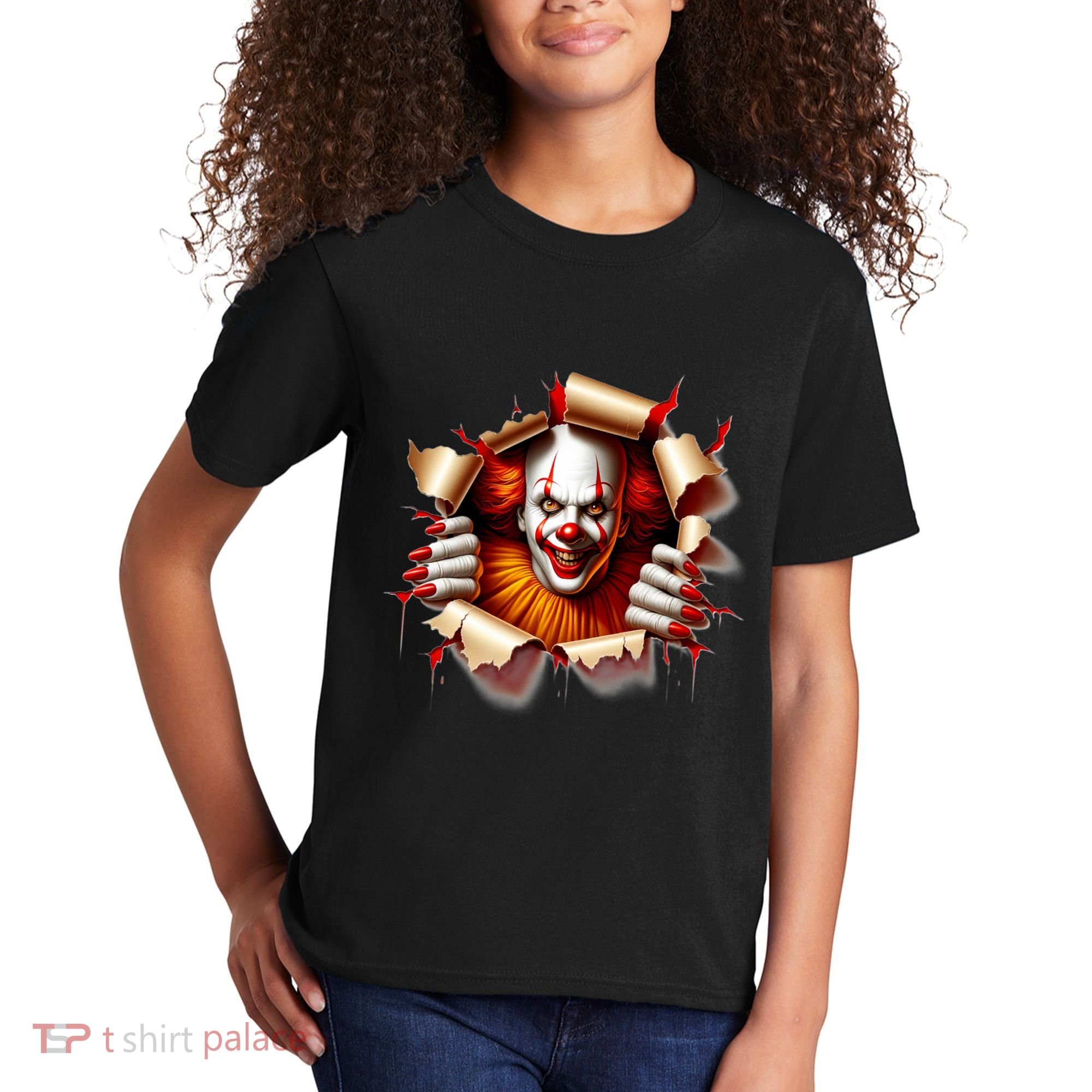 Creepy Halloween Peeking Through Clown Kids T-Shirt