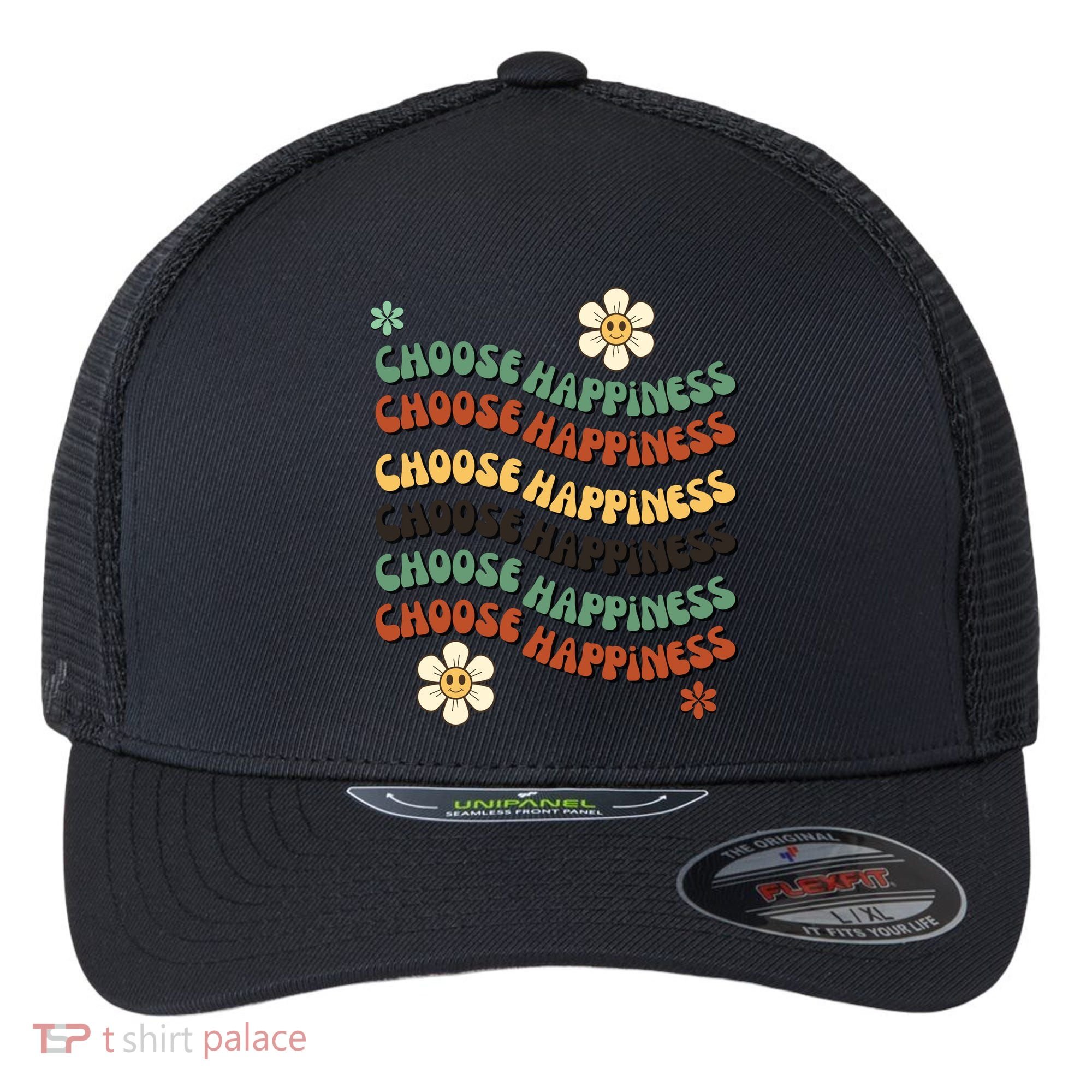 Choose Happiness Retro Sunflower Flexfit Unipanel Trucker Cap