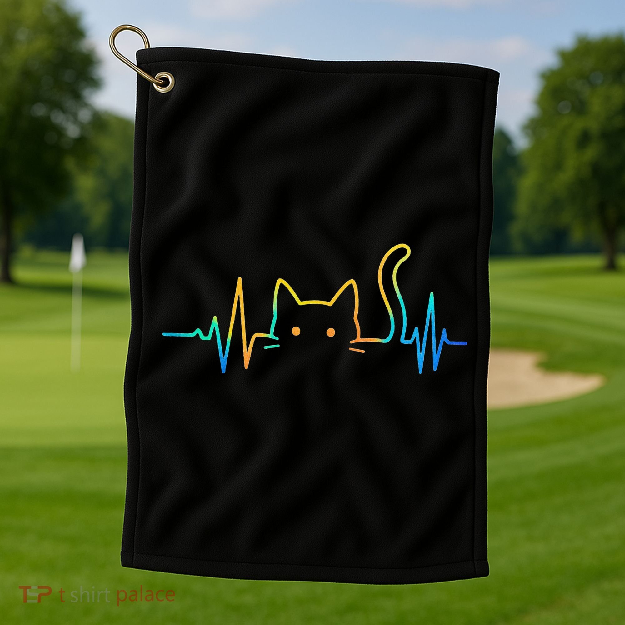Cat Heartbeat Rainbow Cat Mom Dad Feline Lover Golf Towel