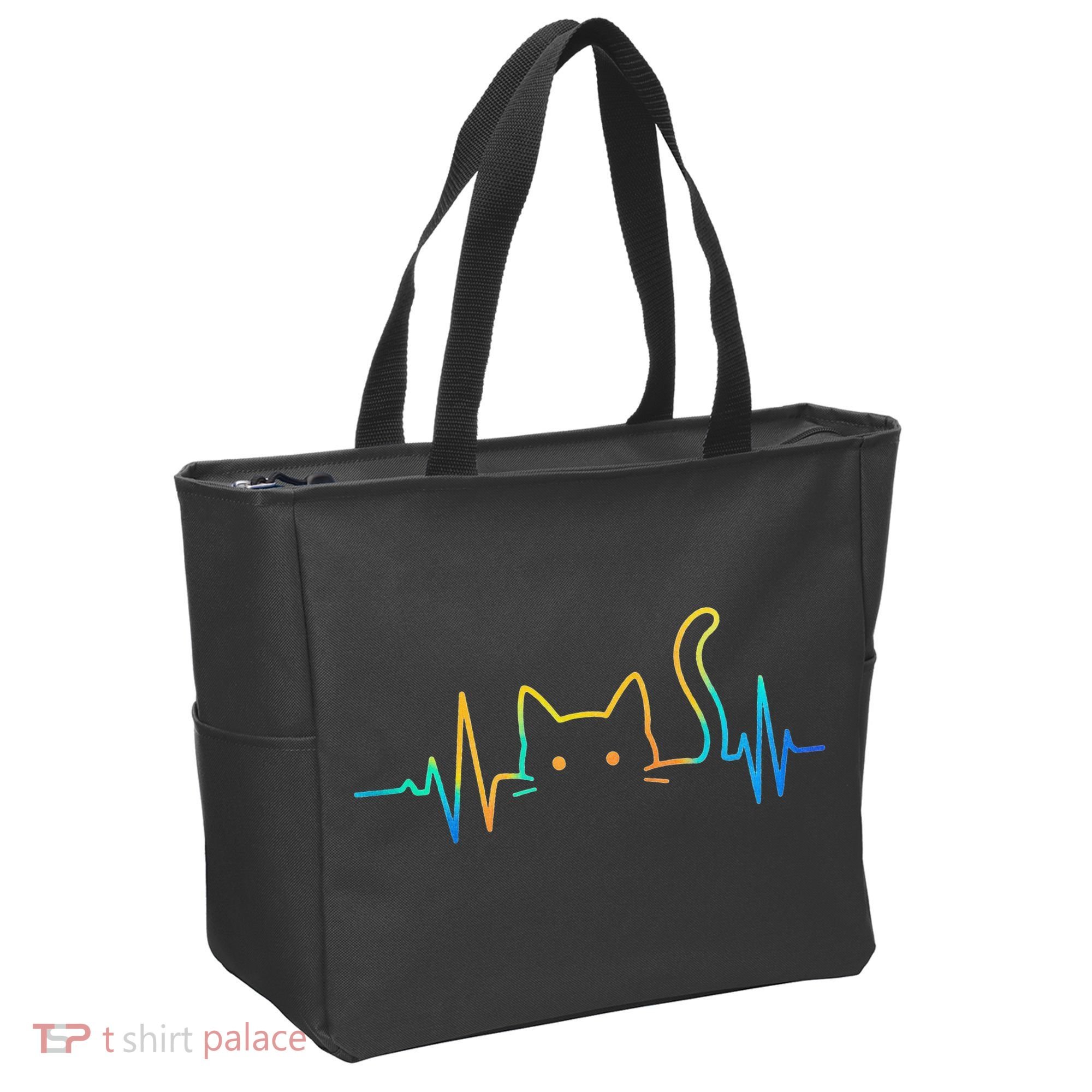 Cat Heartbeat Rainbow Cat Mom Dad Feline Lover Tote Bag