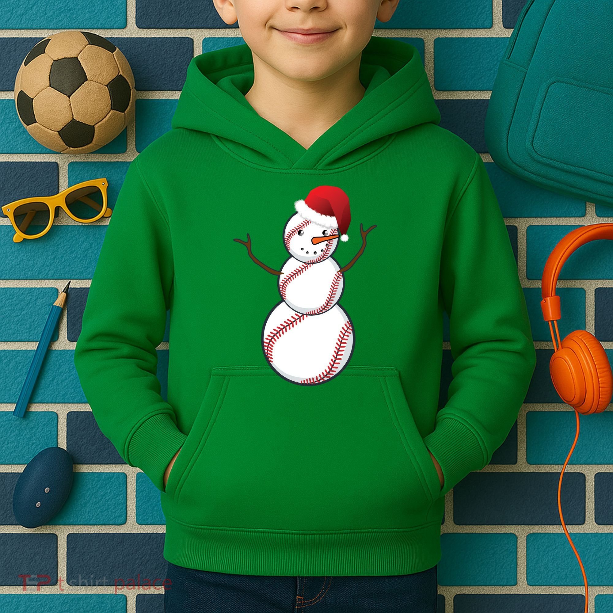 Christmas Baseball Snowman Kids Hoodie