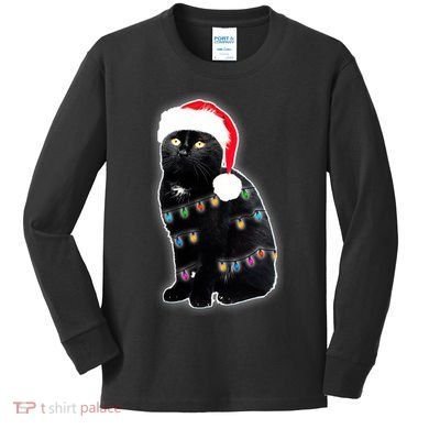 Christmas Cat Lights Kids Long Sleeve Shirt