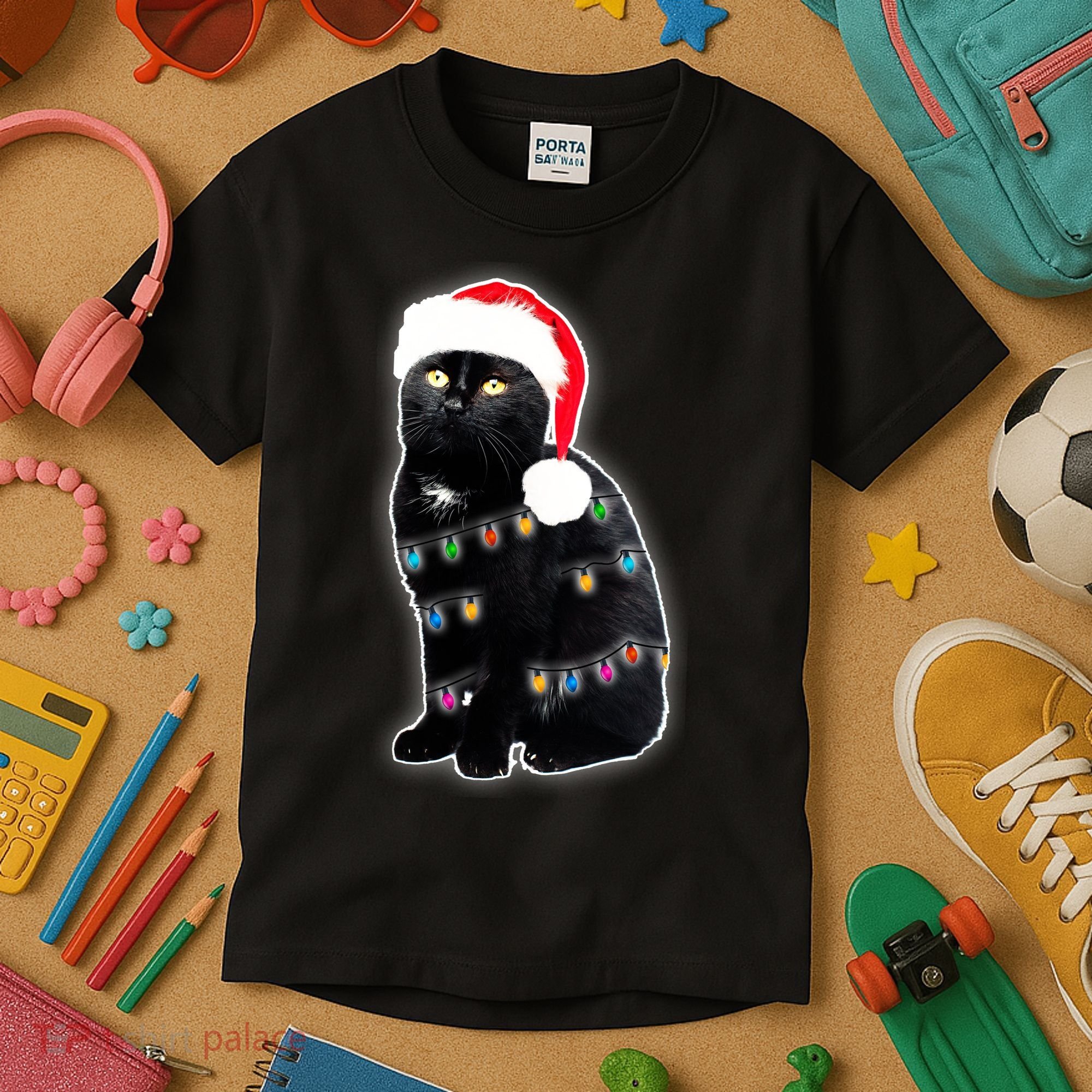 Christmas Cat Lights Kids T-Shirt