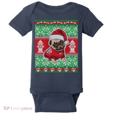 Christmas Cute Pug Ugly Sweater Baby Bodysuit