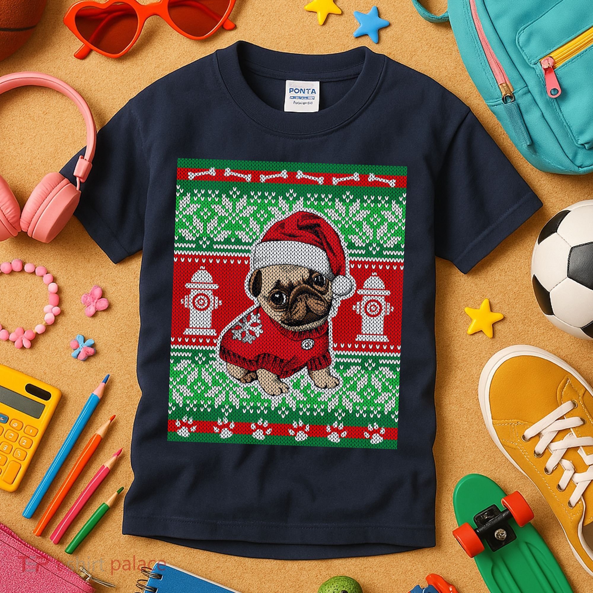 Christmas Cute Pug Ugly Sweater Kids T-Shirt