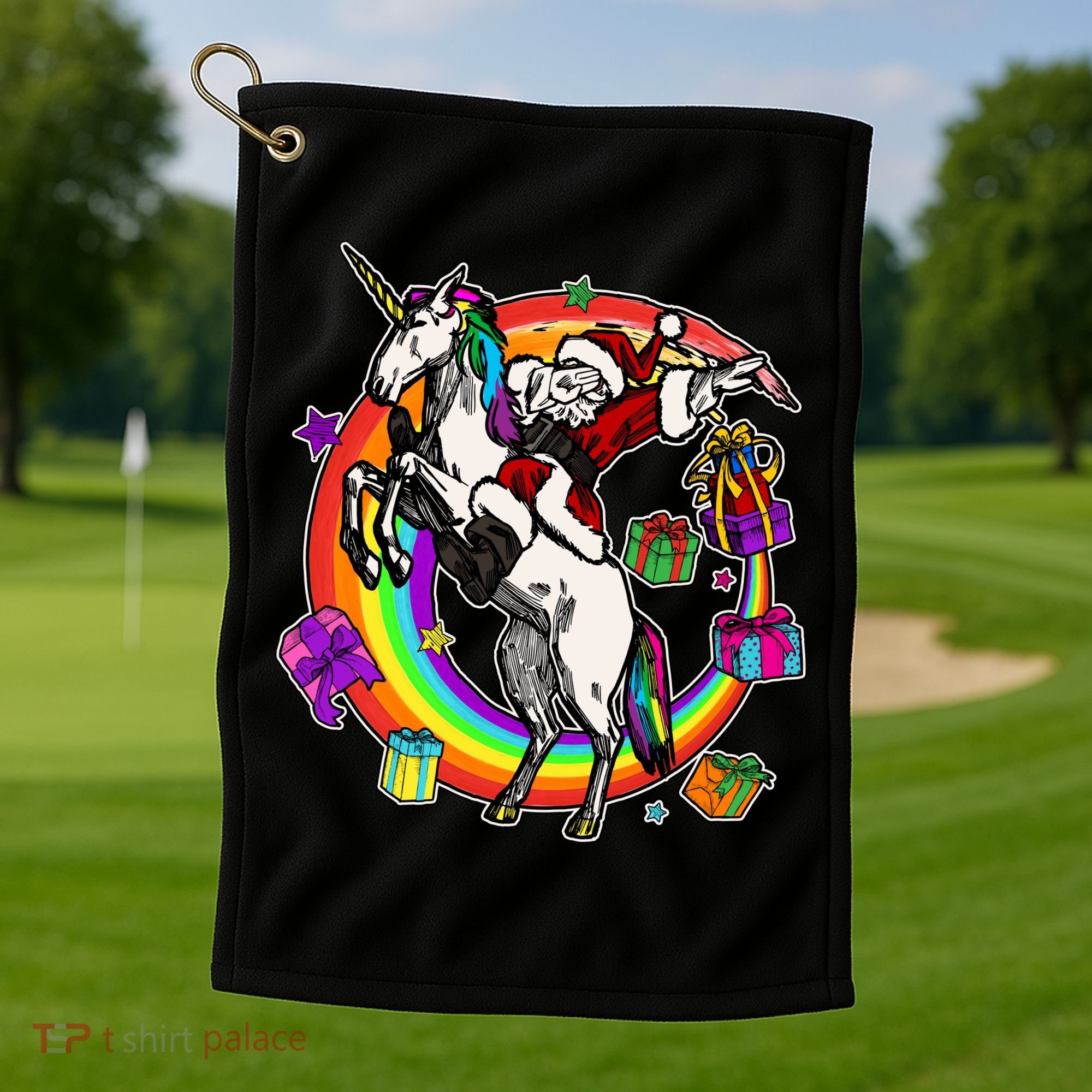 Christmas Dabbing Santa Riding Unicorn Golf Towel