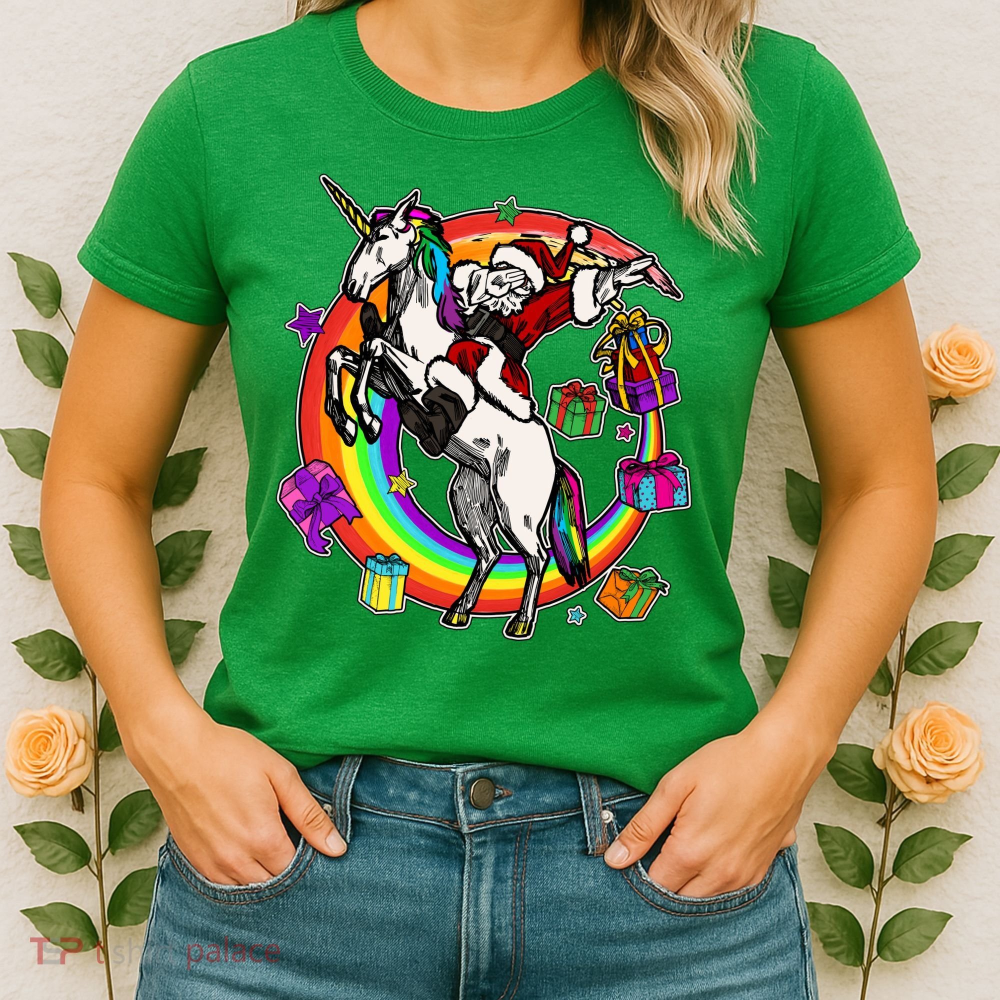 Christmas Dabbing Santa Riding Unicorn Women's T-Shirt