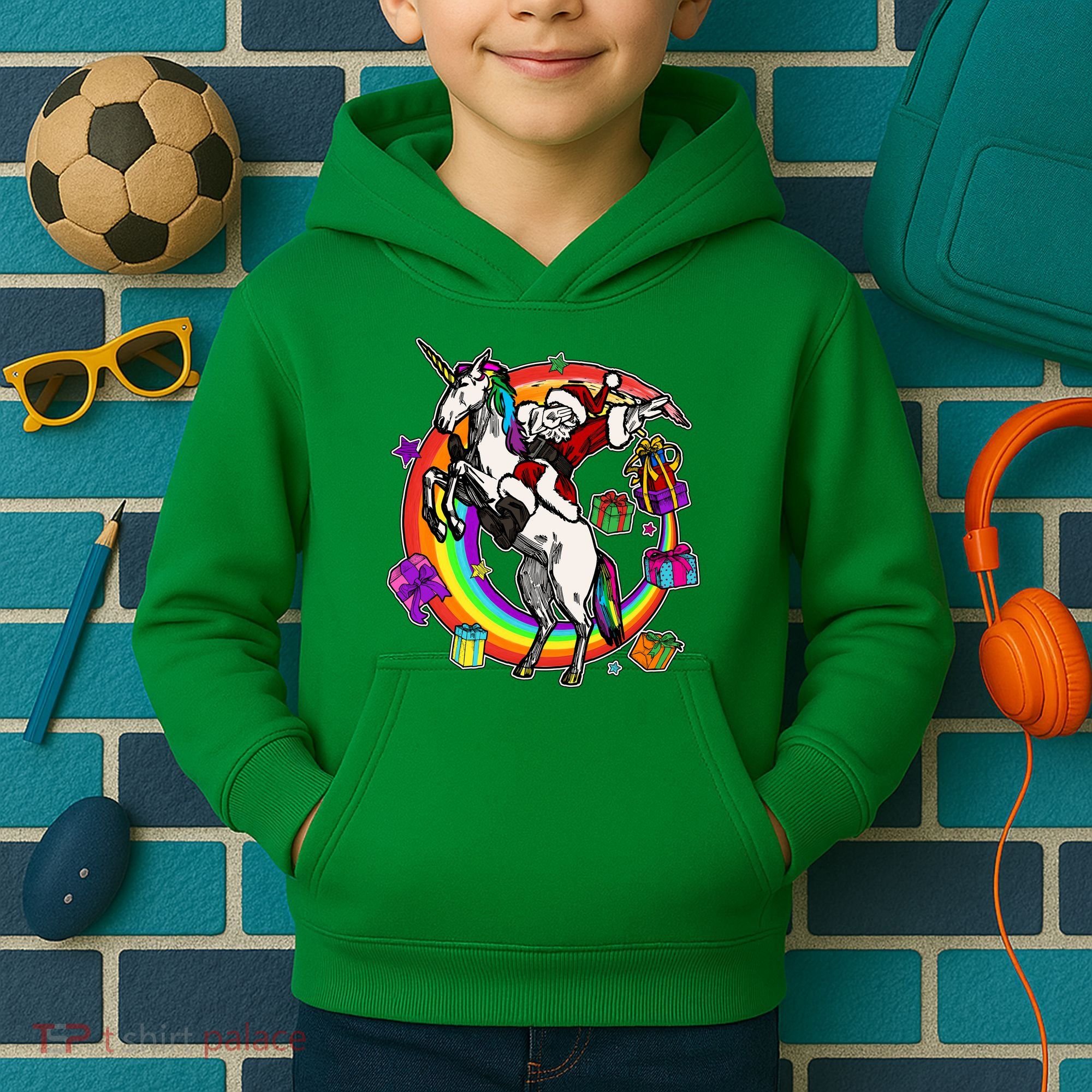 Christmas Dabbing Santa Riding Unicorn Kids Hoodie