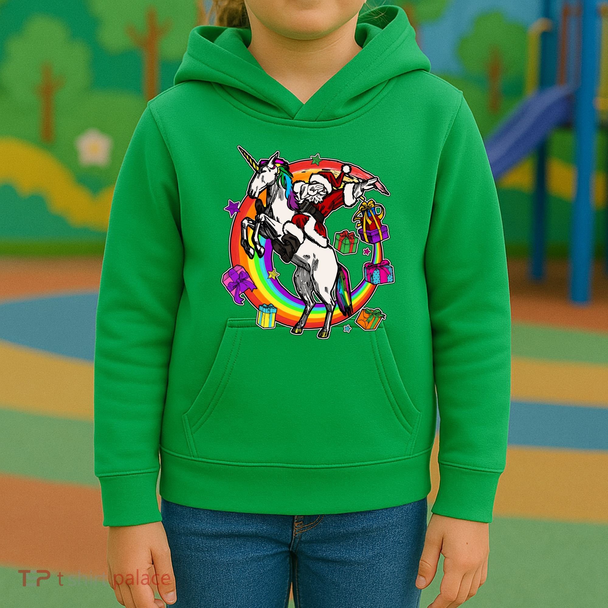 Christmas Dabbing Santa Riding Unicorn Kids Hoodie
