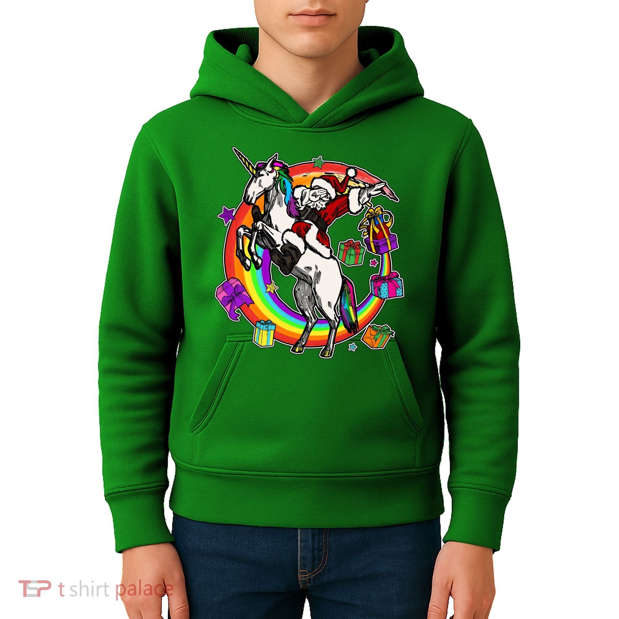 Christmas Dabbing Santa Riding Unicorn Kids Hoodie