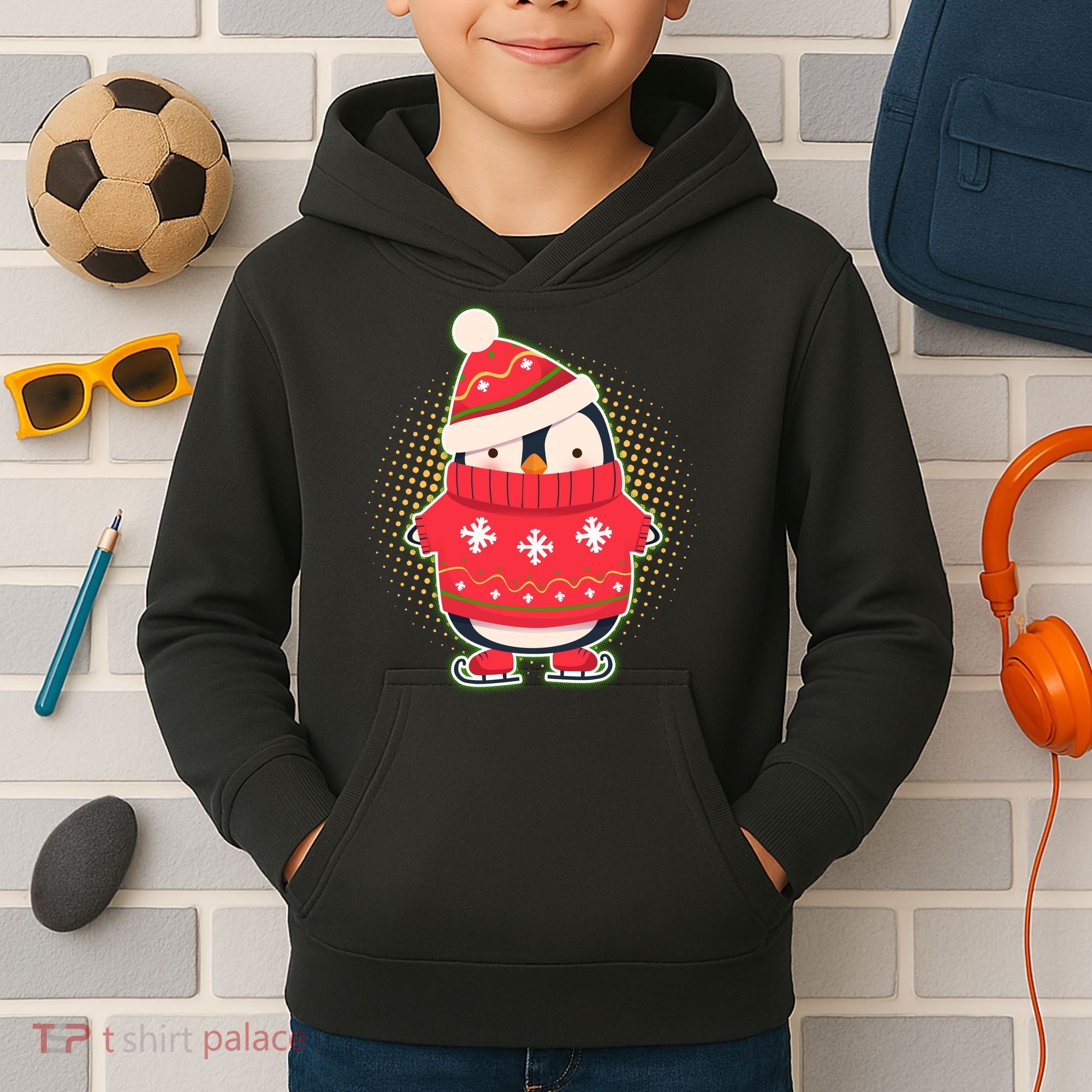Christmas Holiday Penguin Skates Kids Hoodie