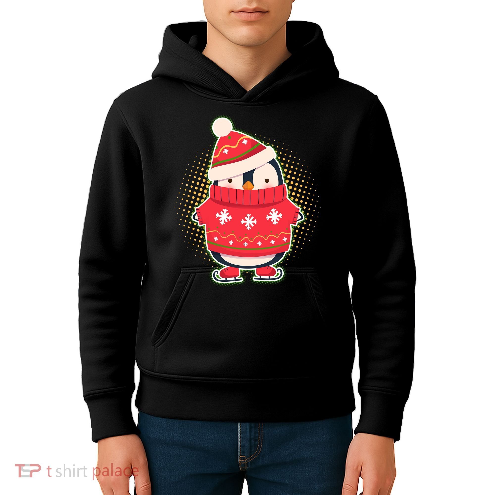 Christmas Holiday Penguin Skates Kids Hoodie
