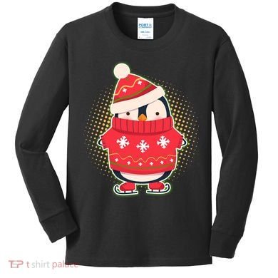 Christmas Holiday Penguin Skates Kids Long Sleeve Shirt