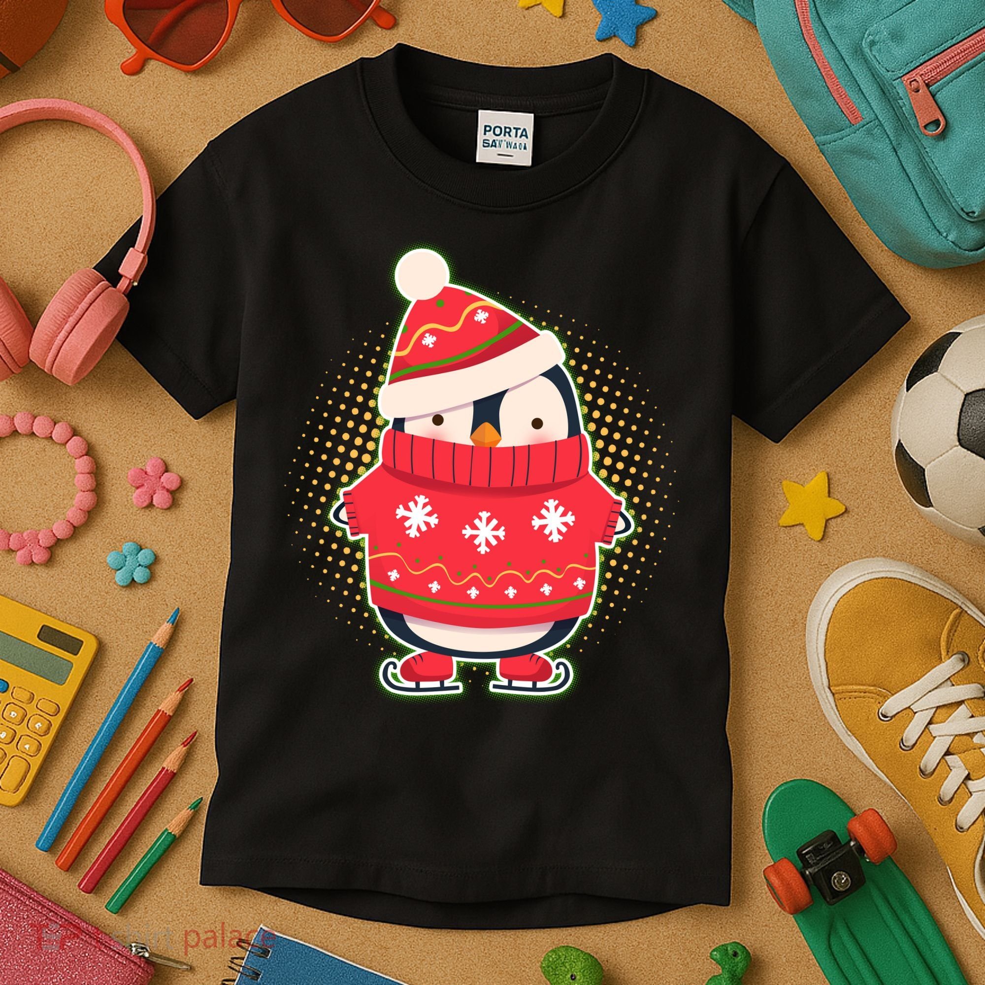 Christmas Holiday Penguin Skates Kids T-Shirt