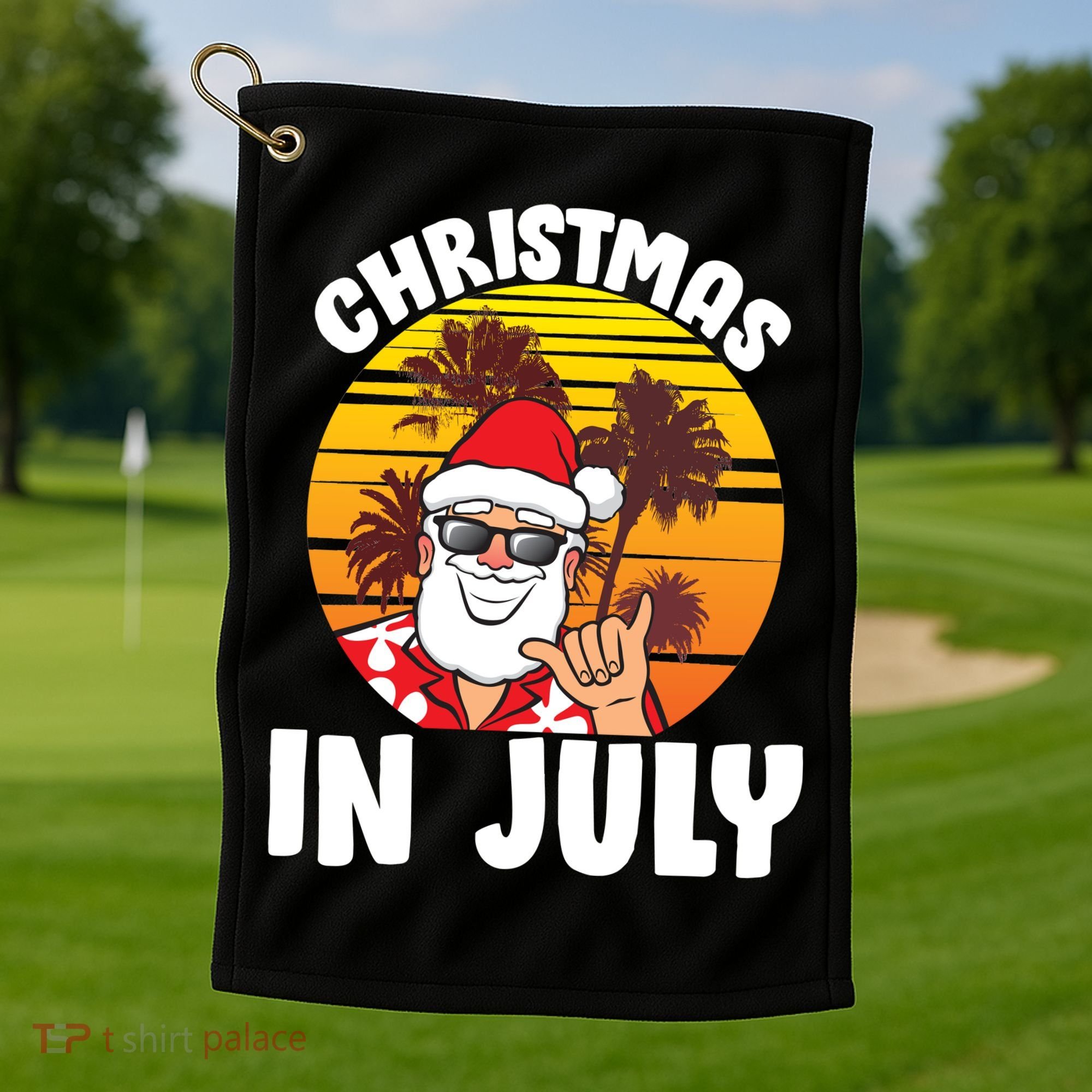 Christmas In July Retro Santa Sunset Golf Towel