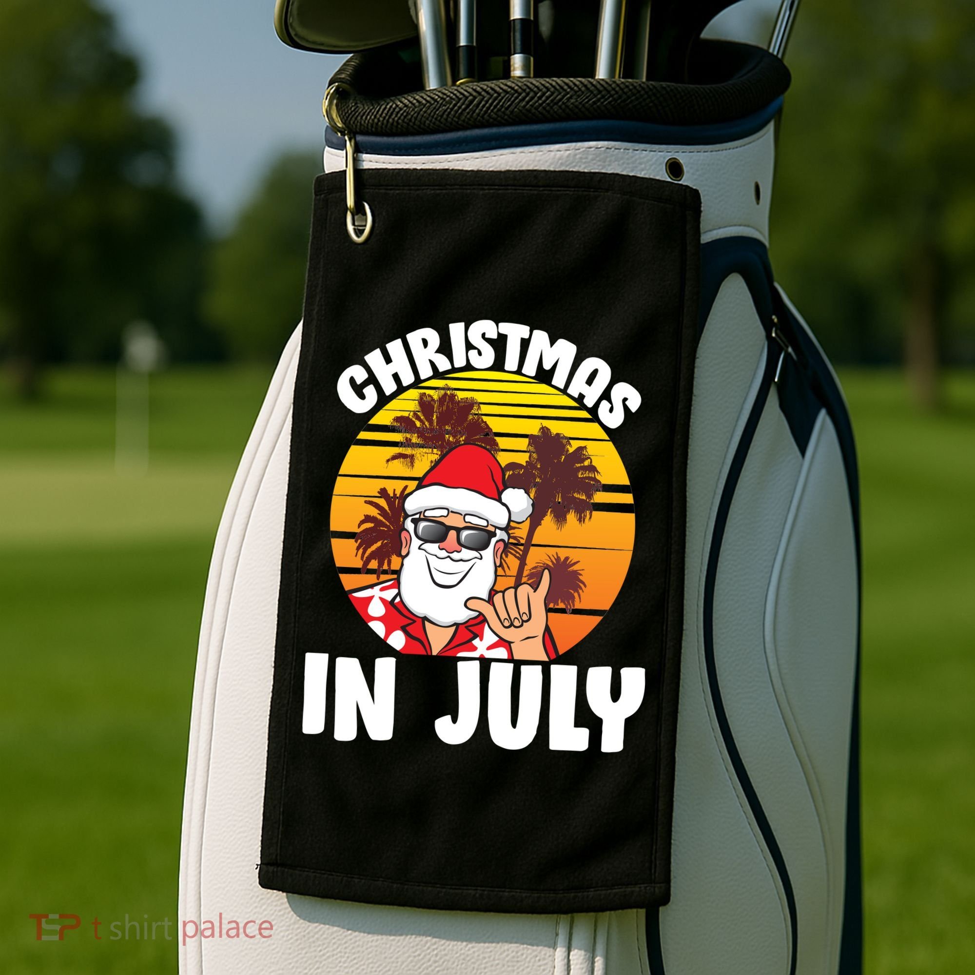 Christmas In July Retro Santa Sunset Golf Towel