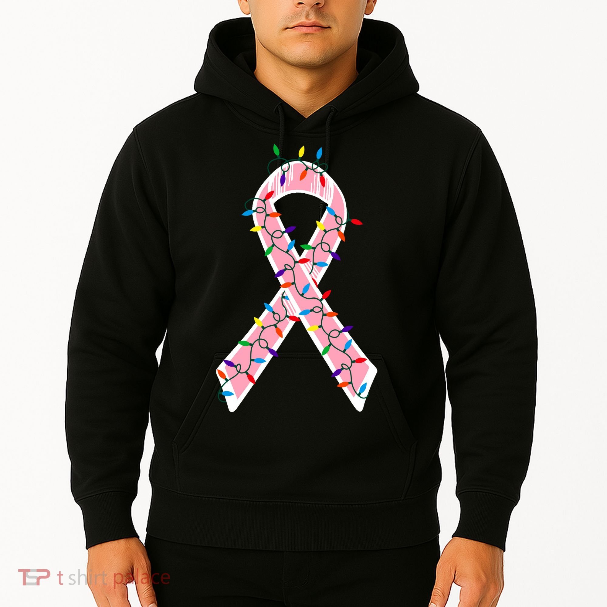 Christmas Lights Breast Cancer Ribbon Hoodie