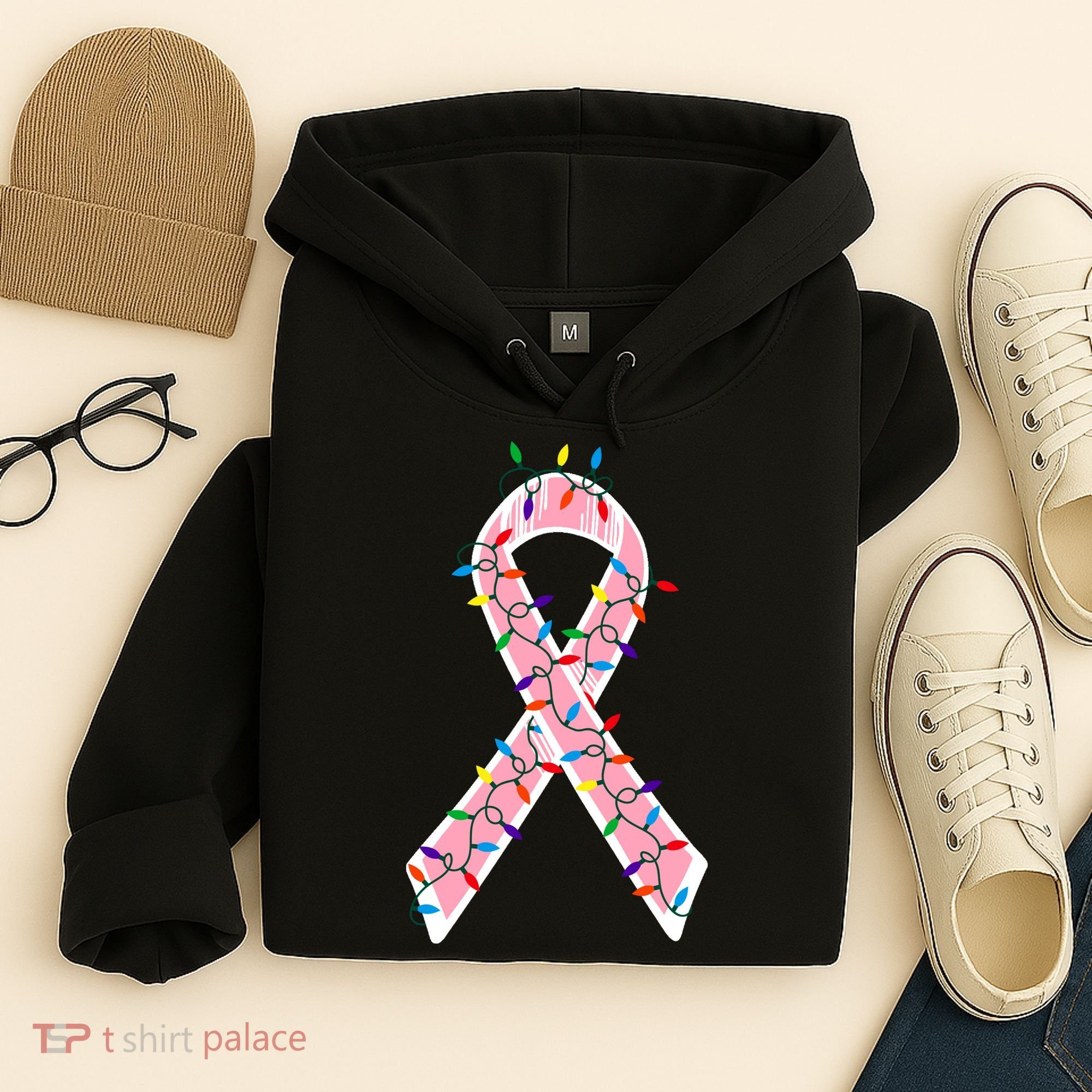 Christmas Lights Breast Cancer Ribbon Hoodie