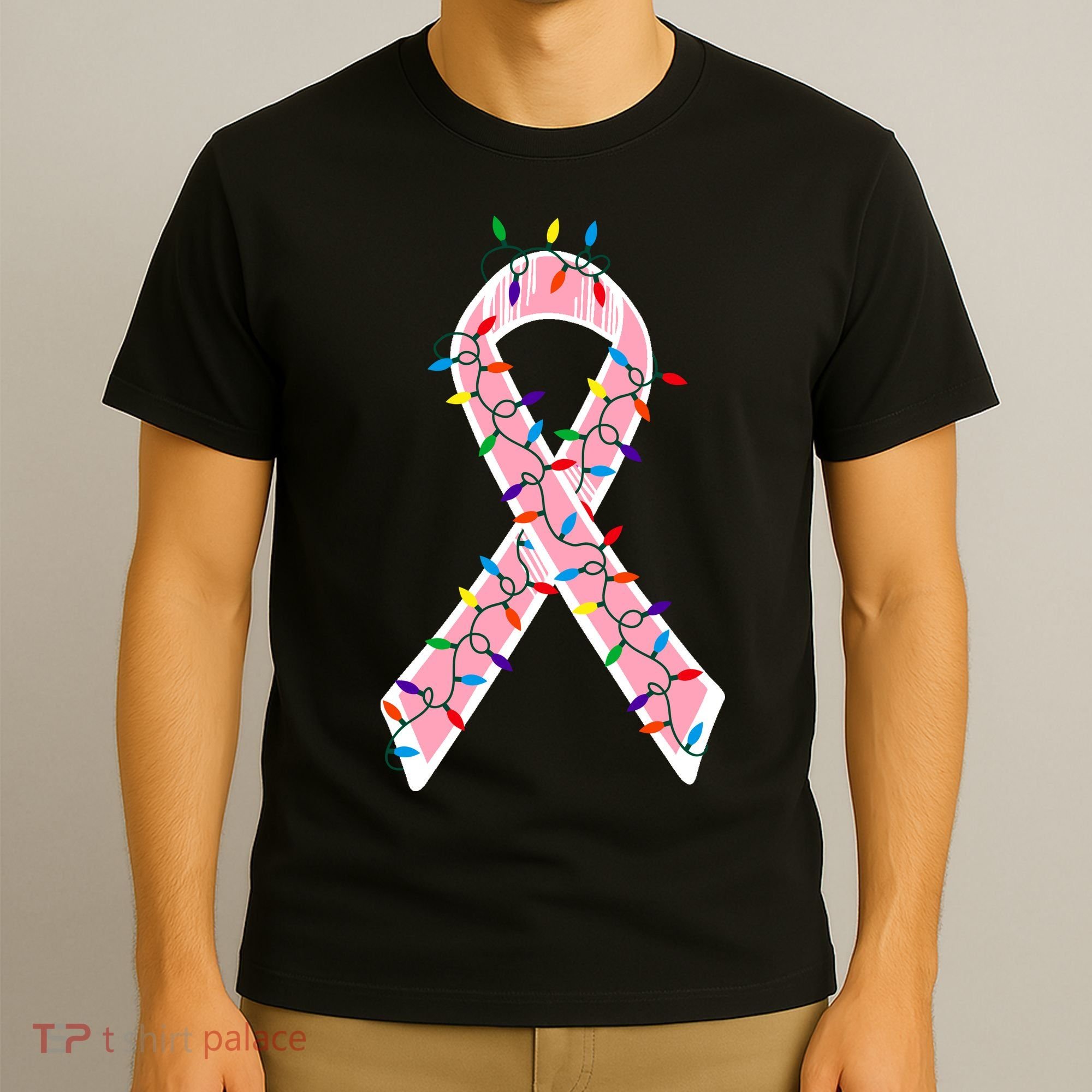 Christmas Lights Breast Cancer Ribbon T-Shirt