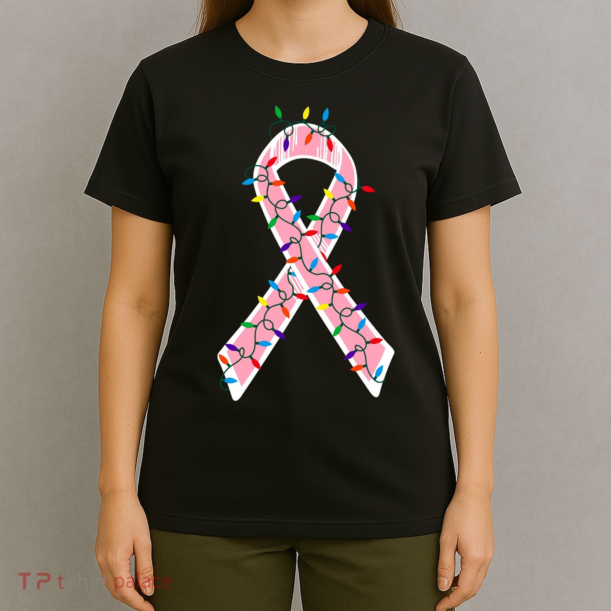 Christmas Lights Breast Cancer Ribbon T-Shirt