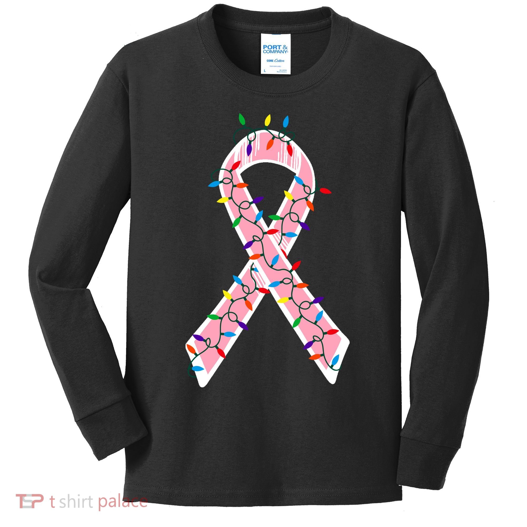 Christmas Lights Breast Cancer Ribbon Kids Long Sleeve Shirt
