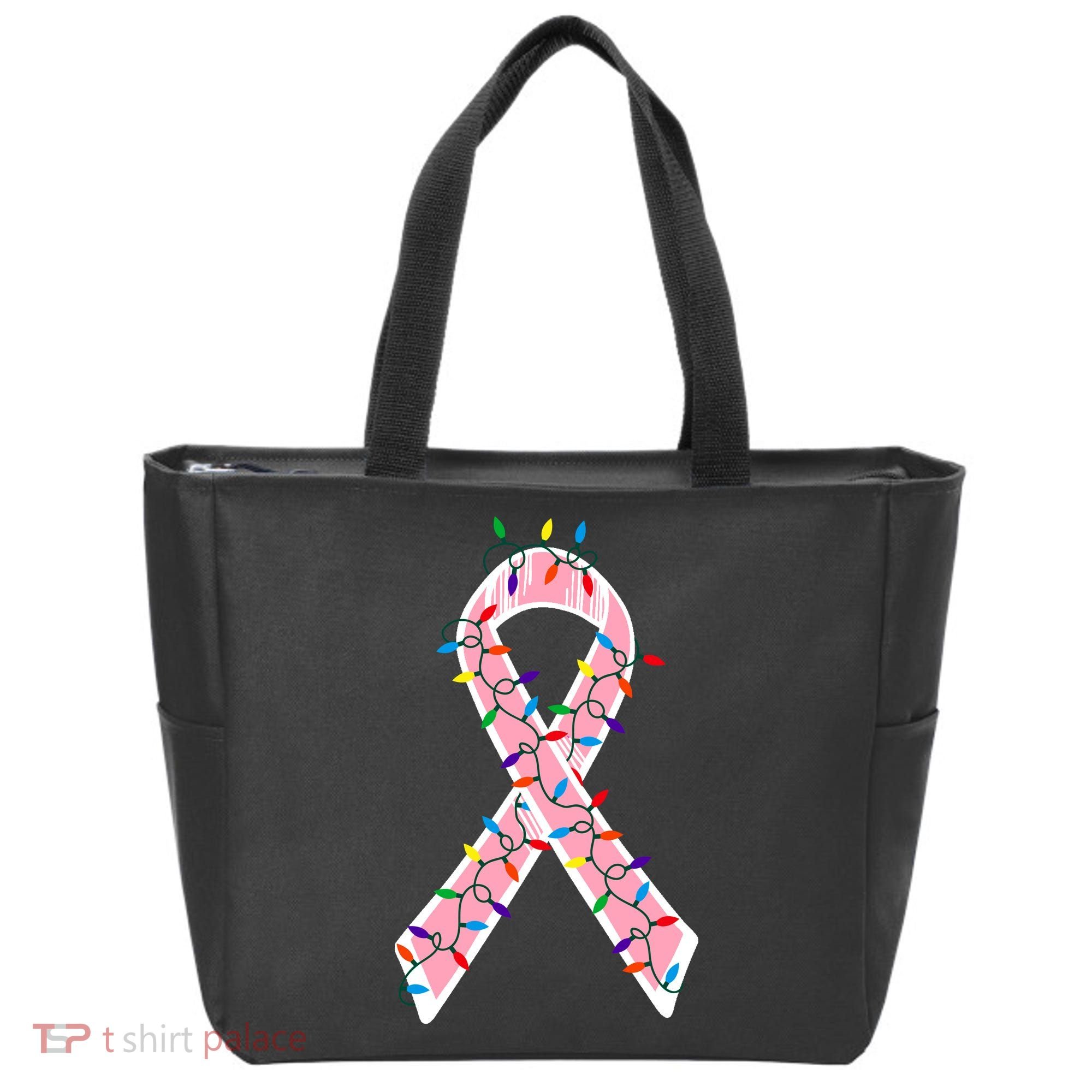 Christmas Lights Breast Cancer Ribbon Tote Bag