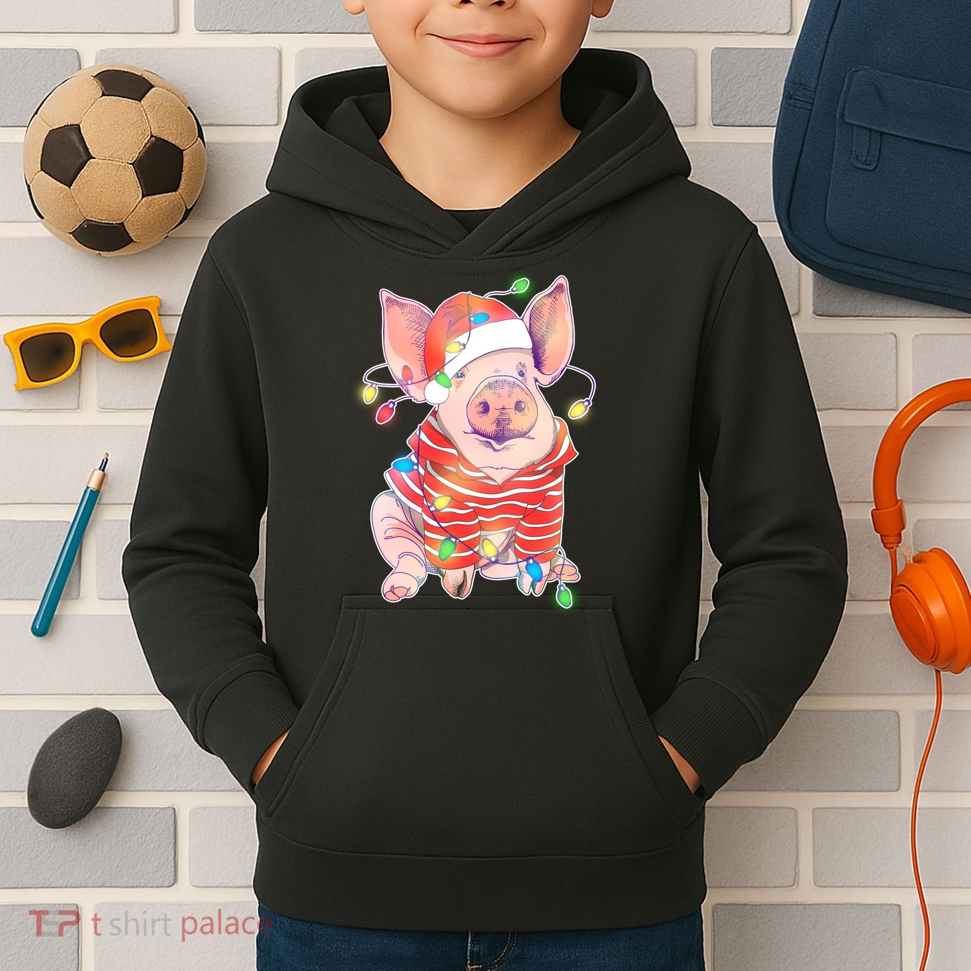 Christmas Lights Pig Kids Hoodie